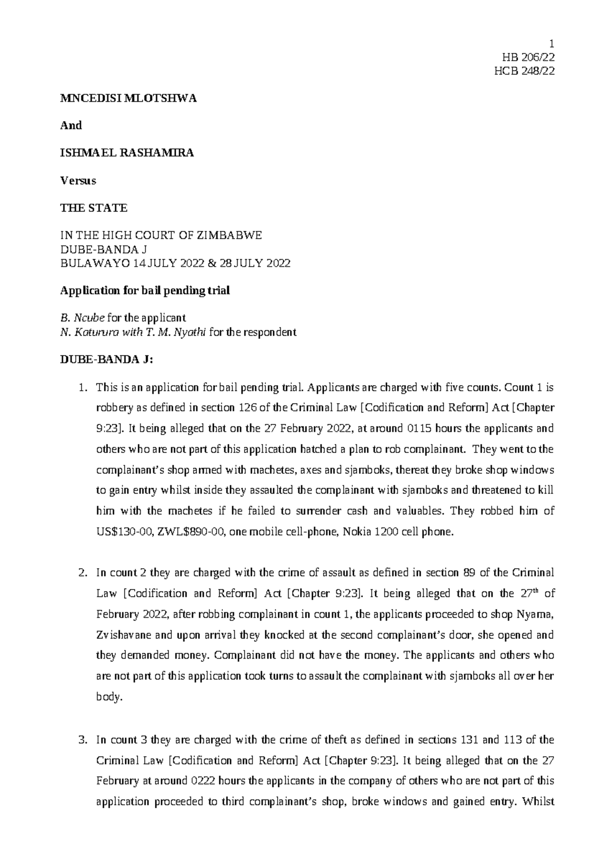S v Mlotshwa & Rashamira: Bail Application in High Court (Case 206/2022 ...