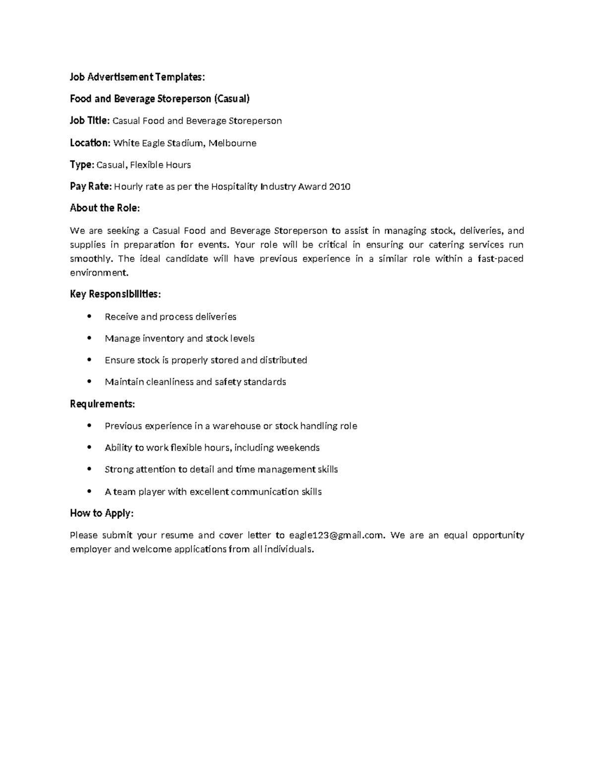 Assessment C: Job Advertisement Templates for Hospitality Roles - Studocu