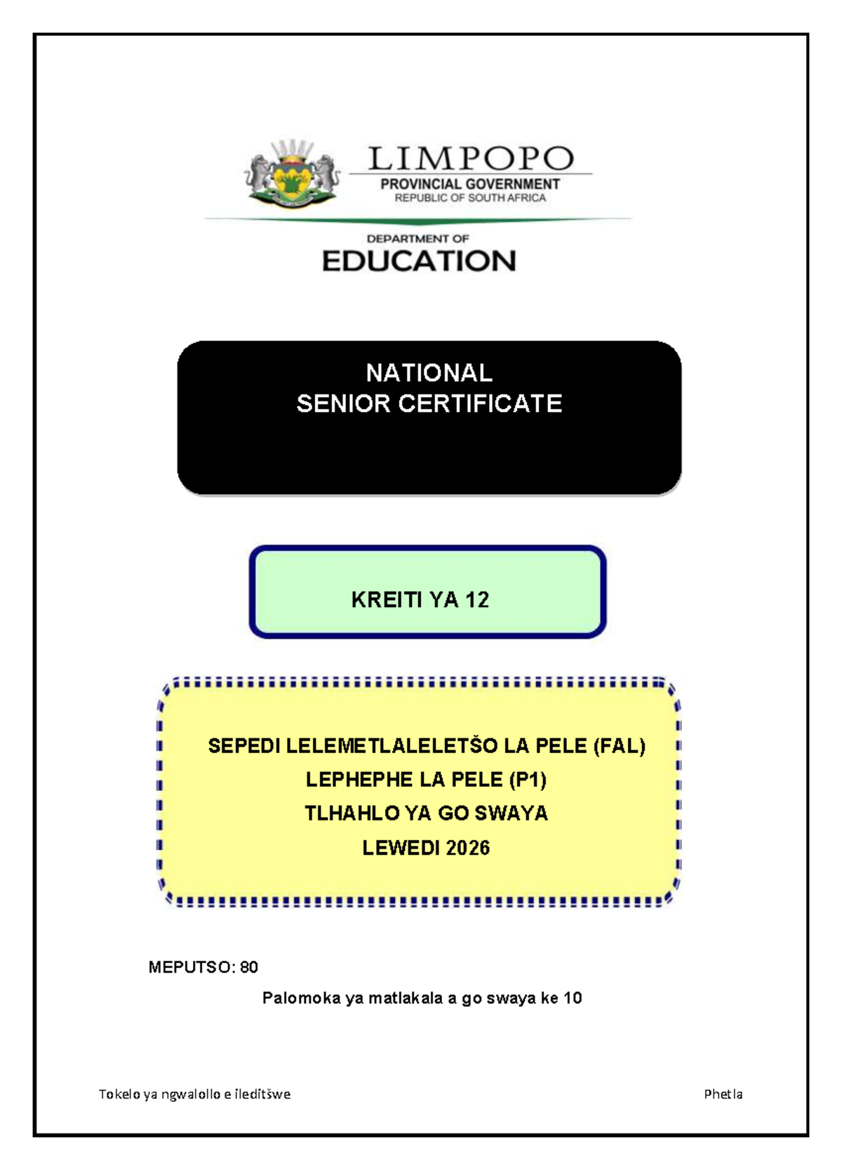 Sepedi FAL P1 Preparatory Exam Memo - Grade 12 2026 - Studocu