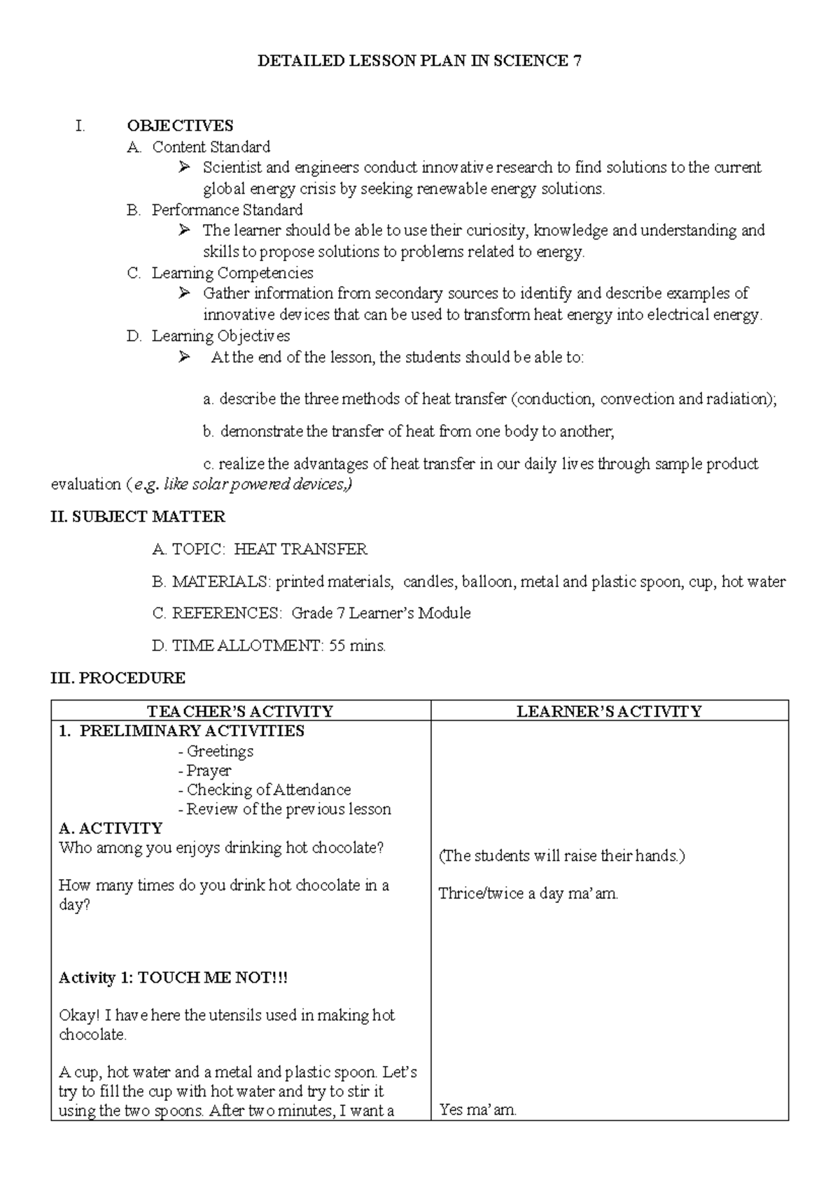 Detailed Lesson Plan on Heat Transfer - Science 7 - Studocu