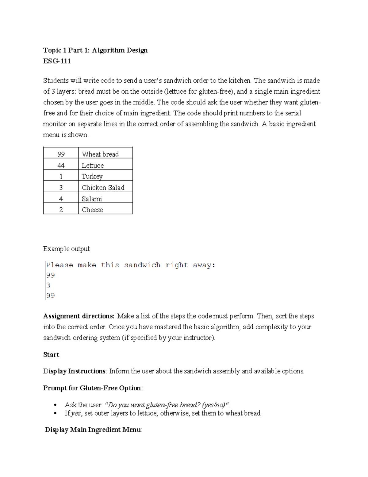 ESG 111 RS Part 1: Algorithm Design for Sandwich Ordering System - Studocu
