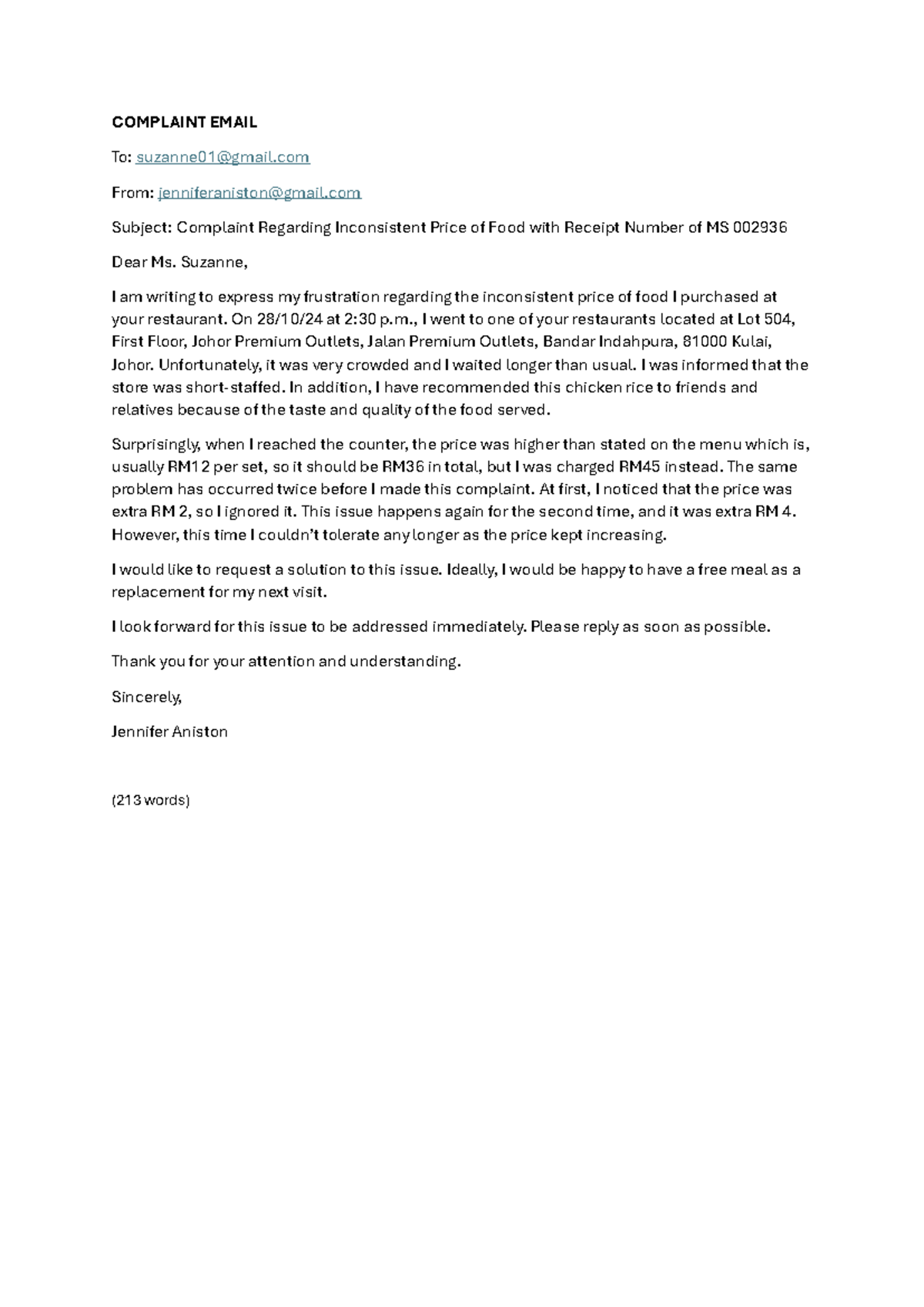 LCC Complaint Email: Inconsistent Food Pricing Issue - MS 002936 - Studocu