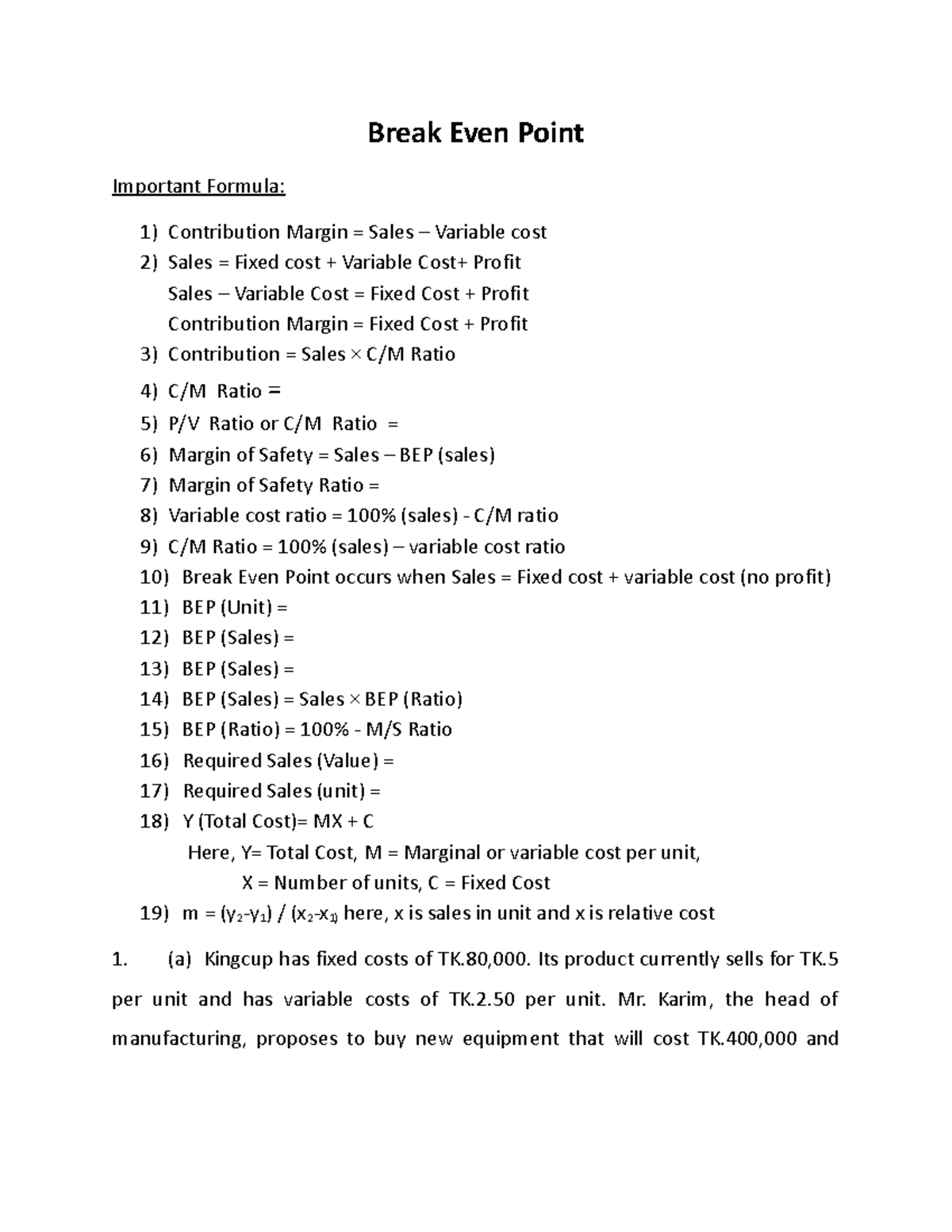 Break Even Point Analysis & Calculations - EDUCATION PURPOSE - Studocu