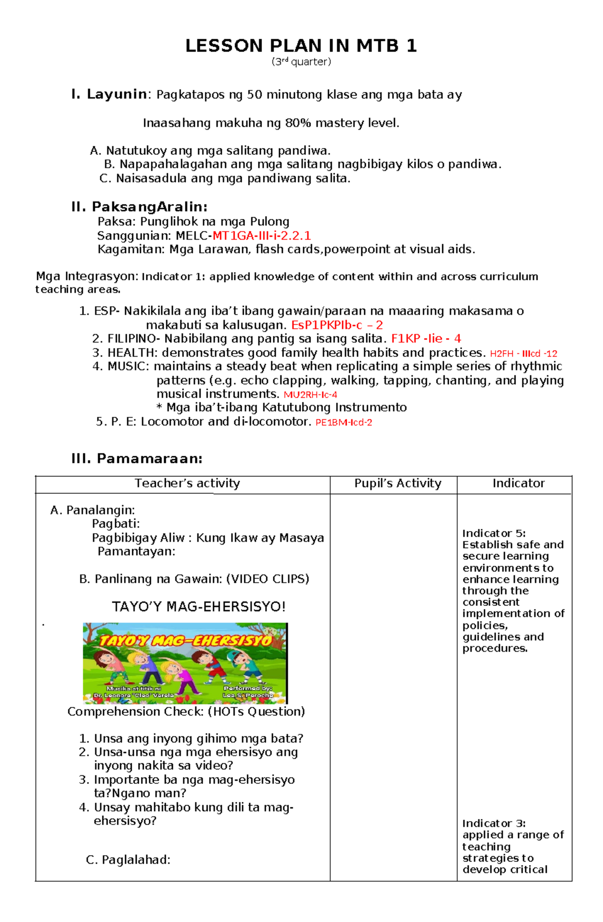 Lesson PLAN IN Mother 1 Q3 - LESSON PLAN IN MTB 1 (3rd quarter) I ...