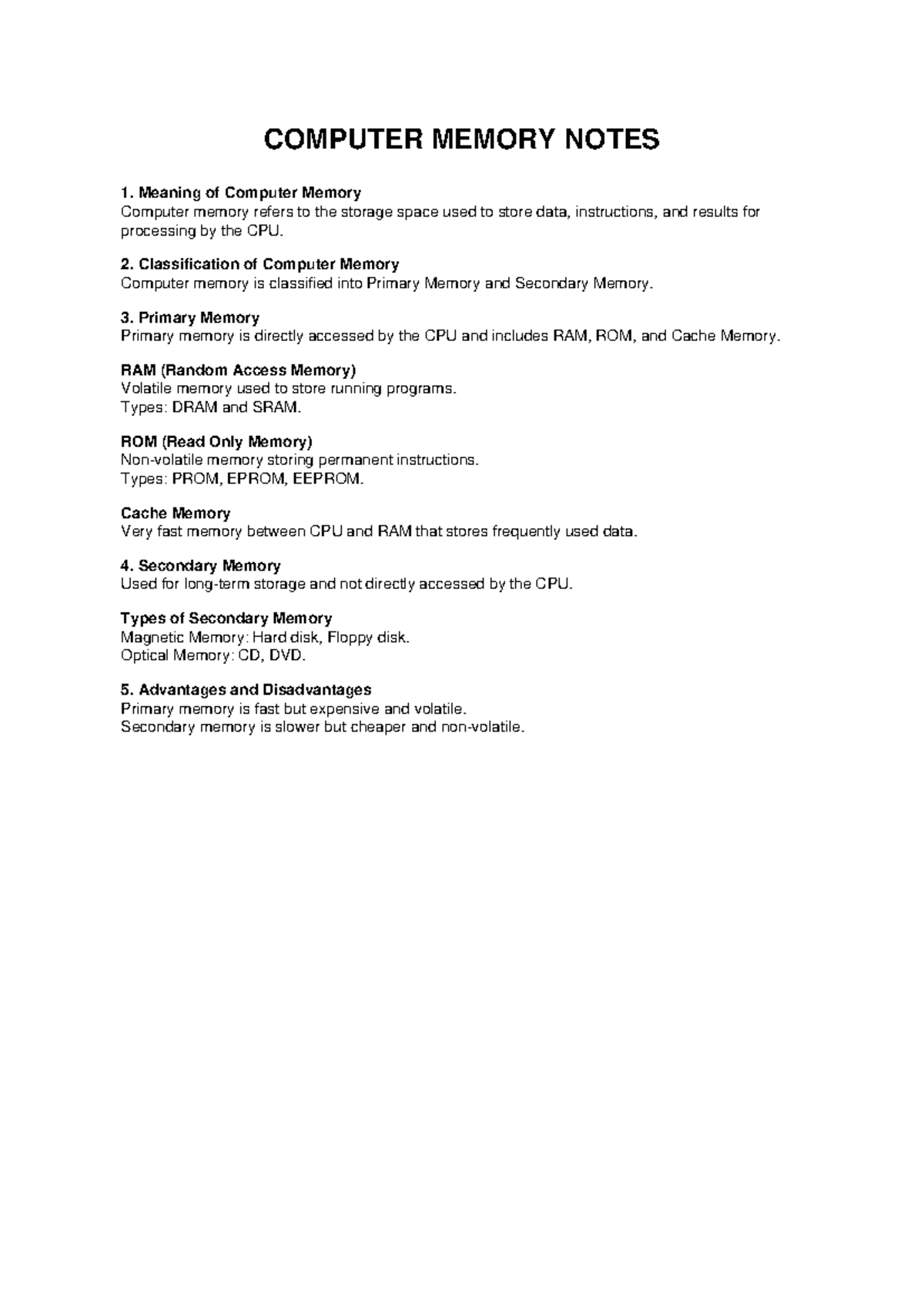 COMP 101: Computer Memory Notes - Revision Materials - Studocu