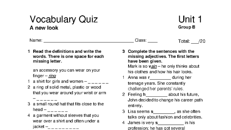 Focus 3 2E Vocabulary Quiz Unit1 Group B - Vocabulary Quiz Unit 1 A new ...
