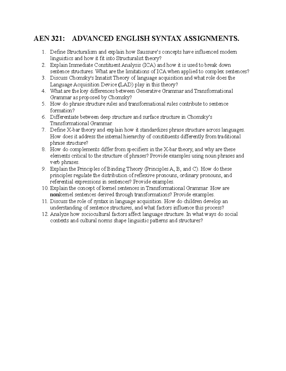 AEN 321: Assignments on Advanced English Syntax Concepts - Studocu