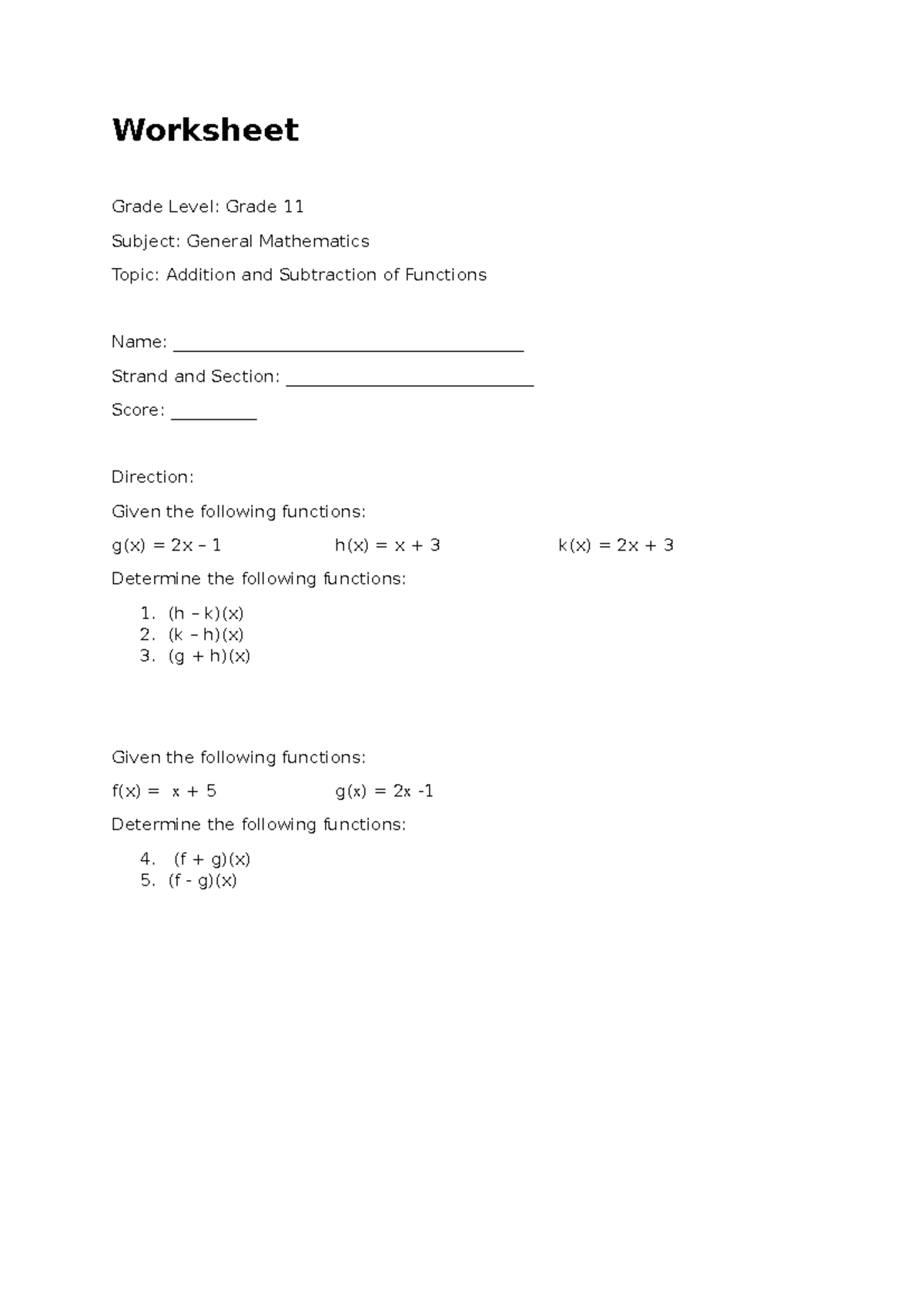 Worksheet 3 - Worksheet Grade Level: Grade 11 Subject: General ...