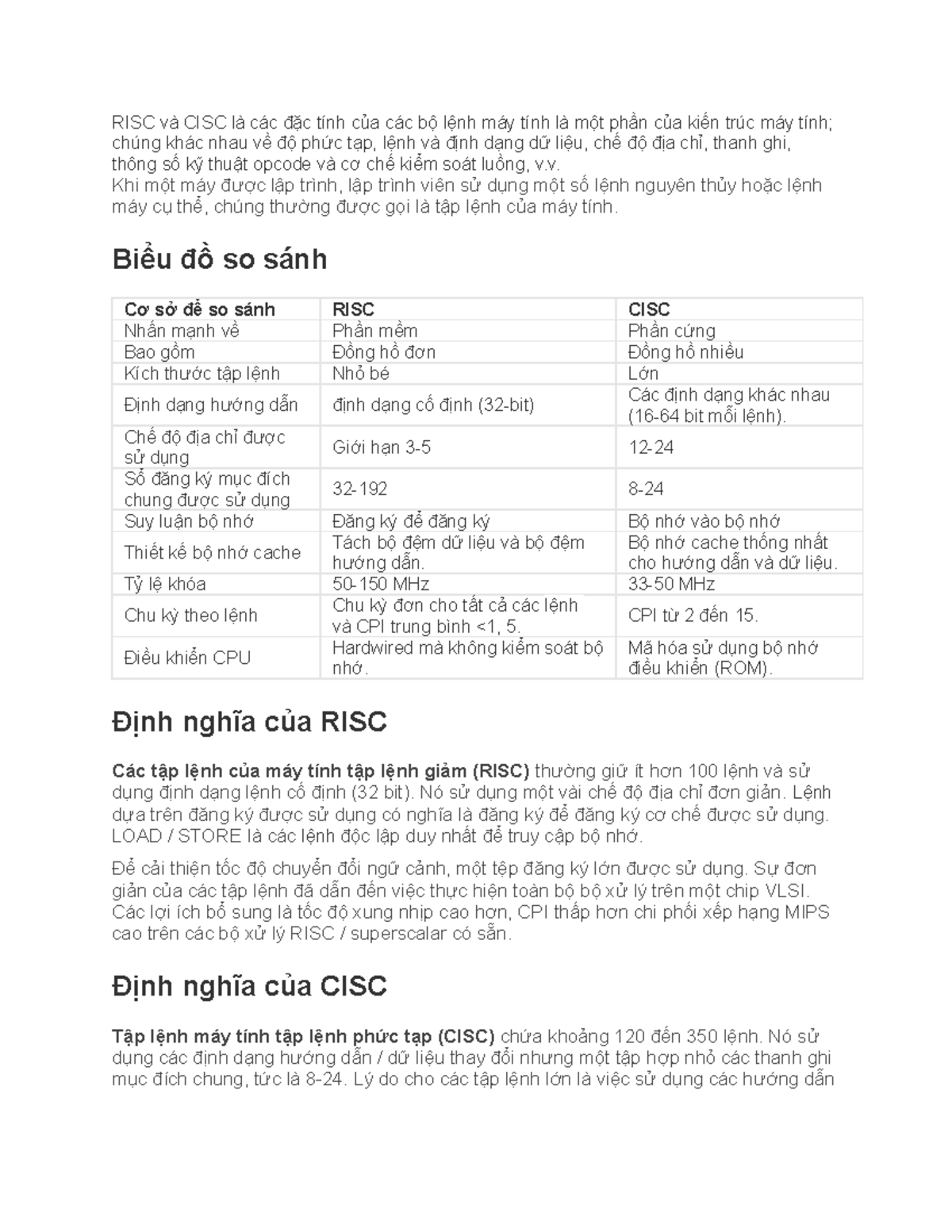 So sánh Kiến trúc RISC và CISC trong Lập trình Máy tính - Studocu