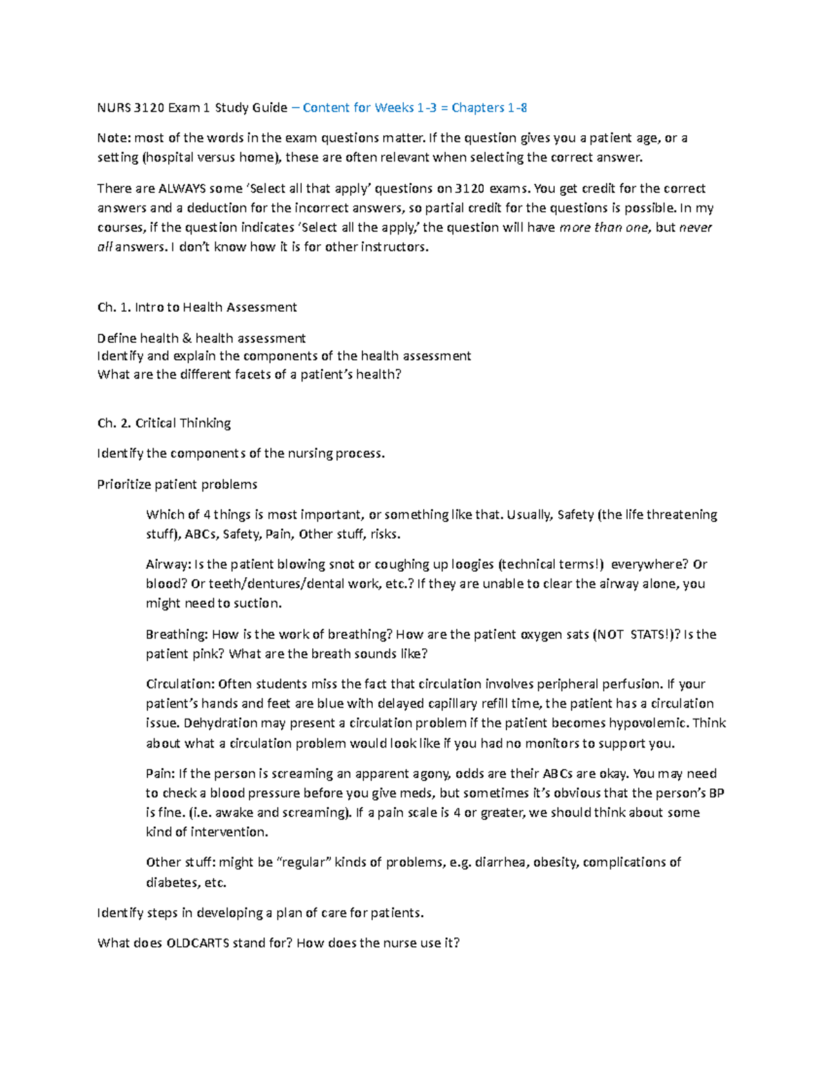 NURS 3120 Week 1-3 Exam 1 Study Guide & Key Concepts - Studocu