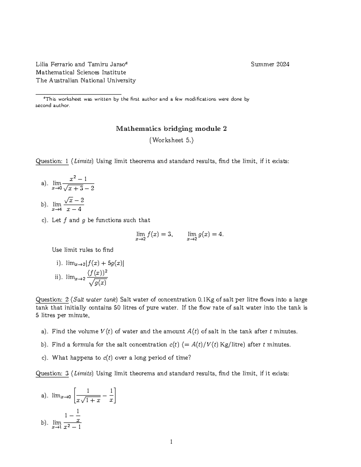 Mathematics Bridging Module 2 (Worksheet 5) - Limits & Salt Water Tank ...