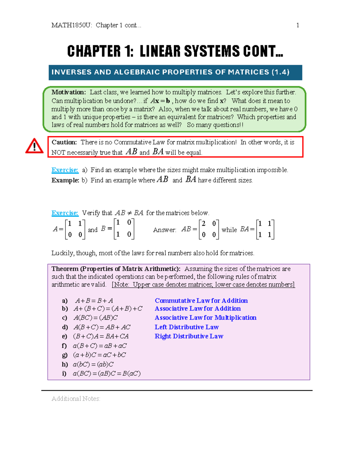 MATH1850U: Chapter 1 - Linear Systems & Matrix Inverses - Studocu