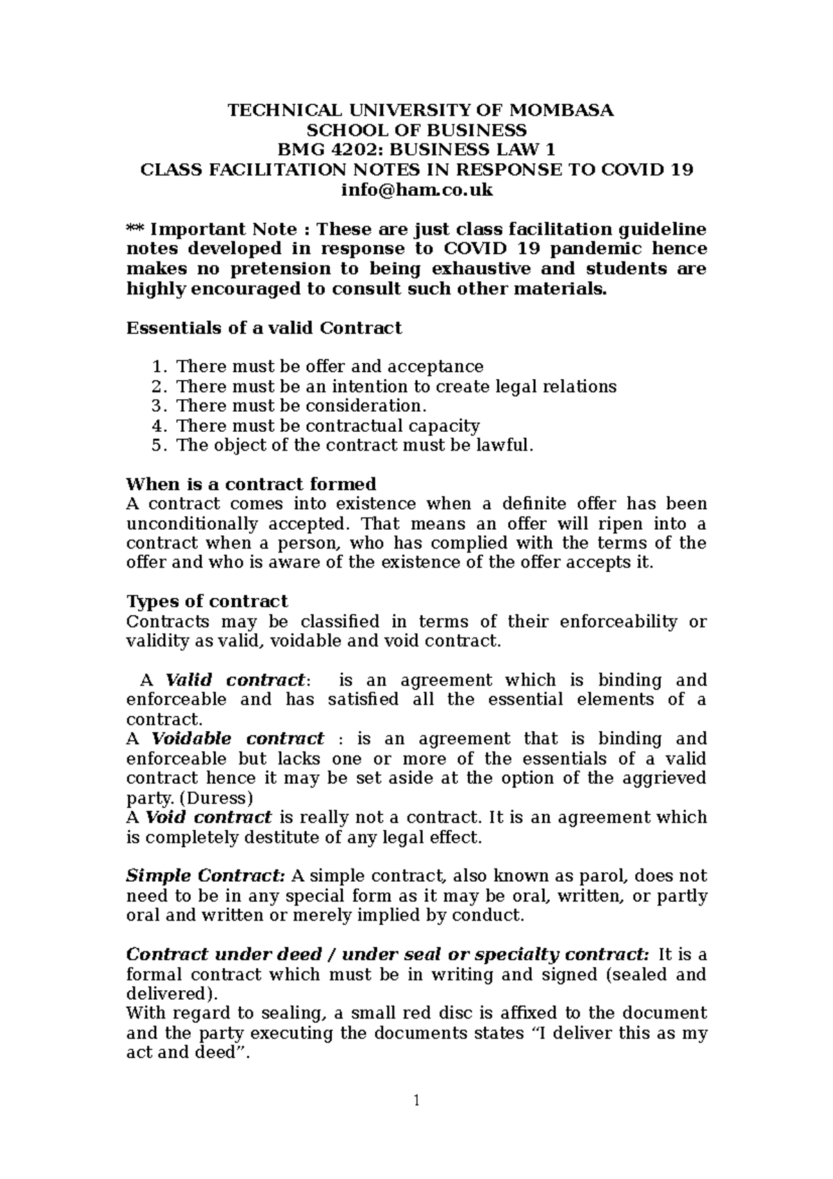 BMG 4202: Business Law I - COVID-19 Class Facilitation Notes - Studocu