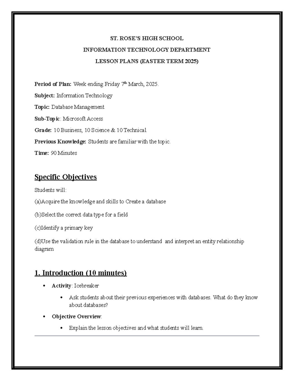 Week 9 Lesson Plan: IT for Grade 10 - Microsoft Access Basics - Studocu