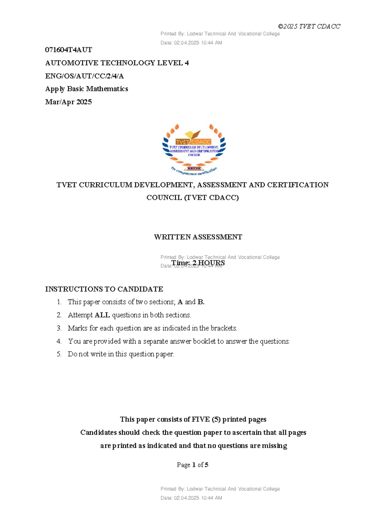 MATH 071604T4AUT - Level 4 Basic Mathematics Exam Paper 2025 - Studocu
