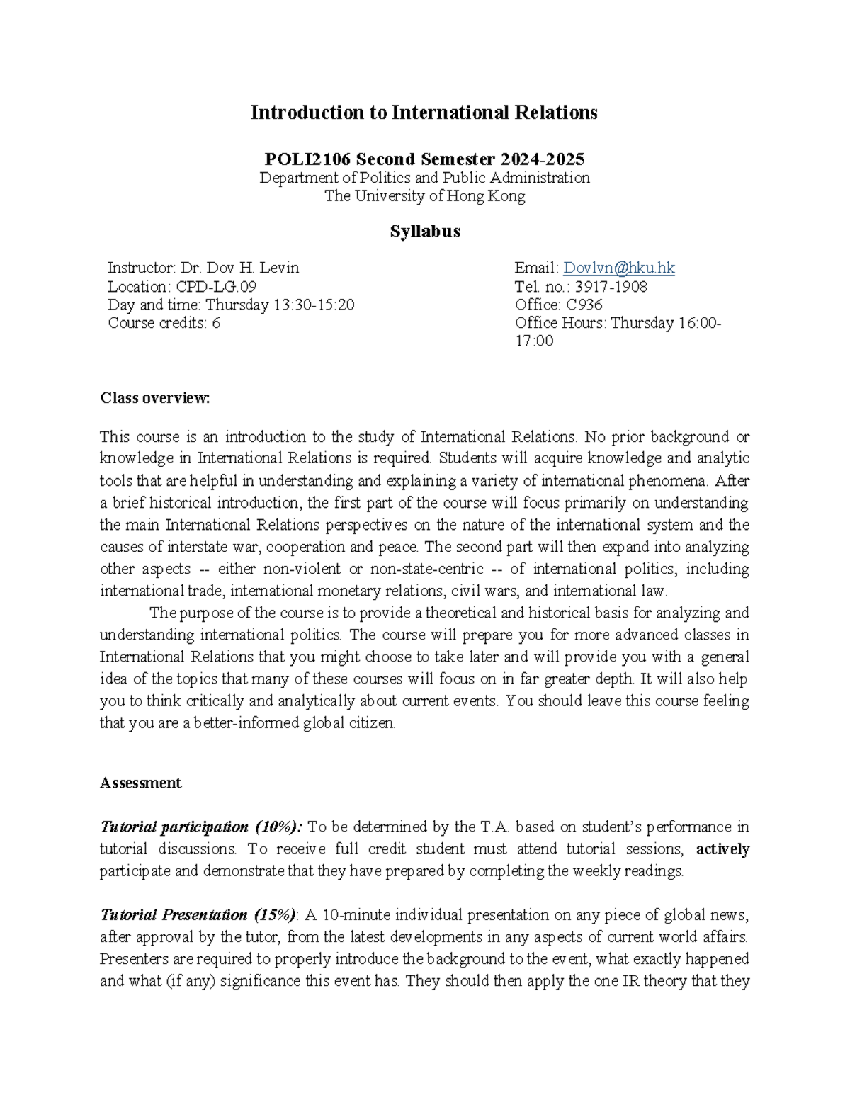 Introduction to International Relations Syllabus POLI2106 2025 - Studocu