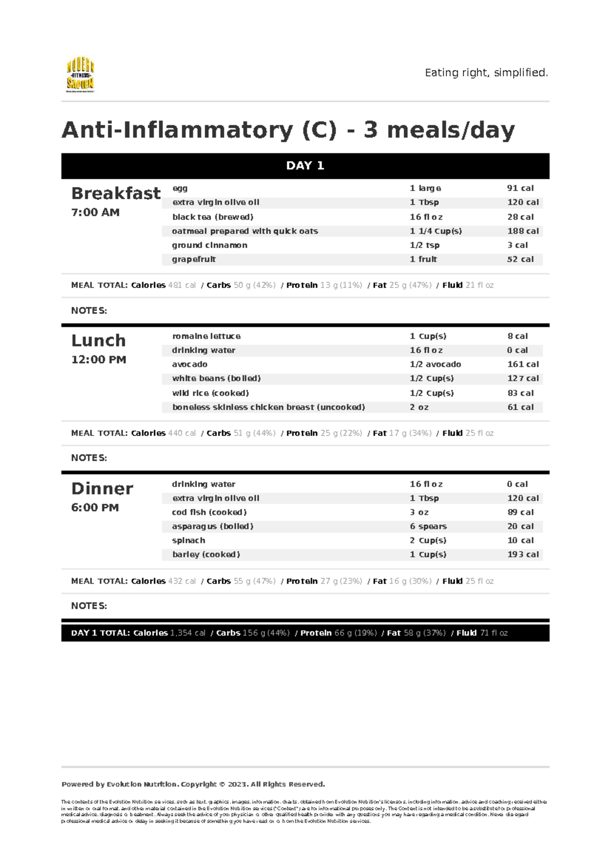 Sample meal plan - notes - DAY 1 Anti-Inflammatory (C) - 3 meals/day ...