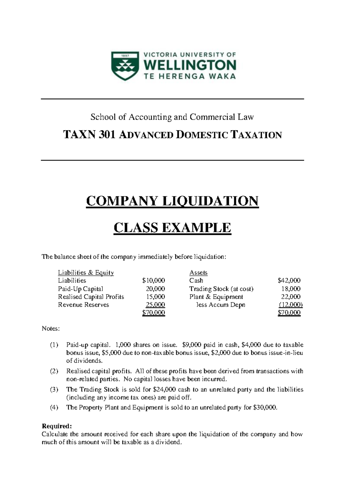 TAXN 301 Company Liquidation Example and Tax Implications Analysis ...