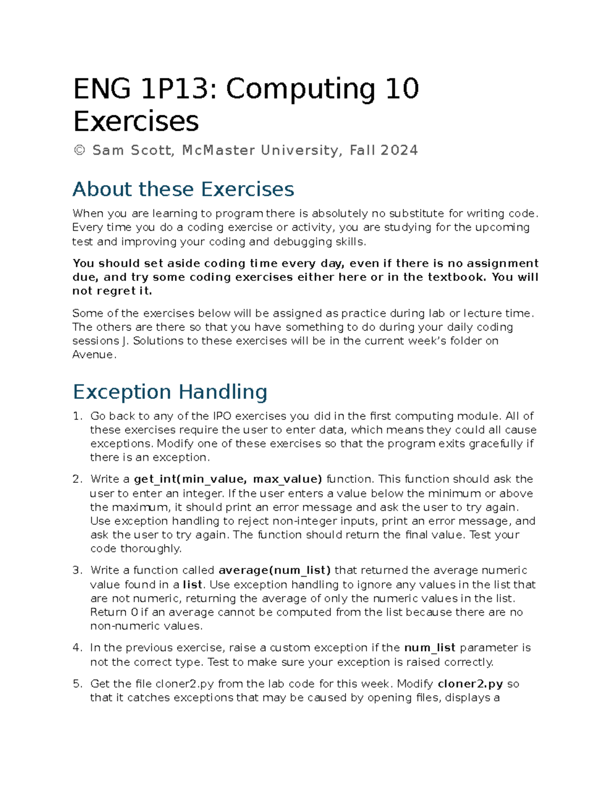 ENG 1P13: Computing 10 Coding Exercises & Exception Handling Guide ...