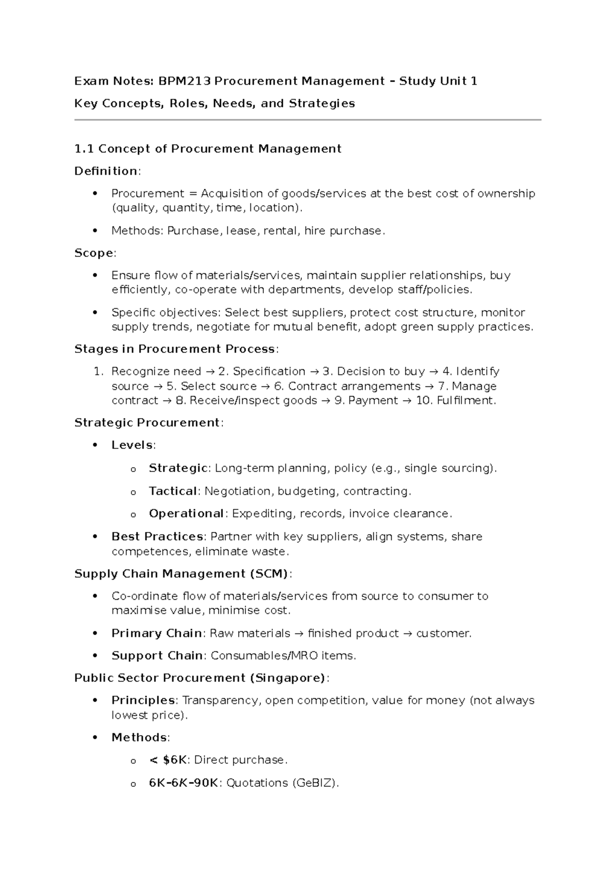 BPM213 Procurement Management Study Unit 1 Exam Notes: Key Concepts ...