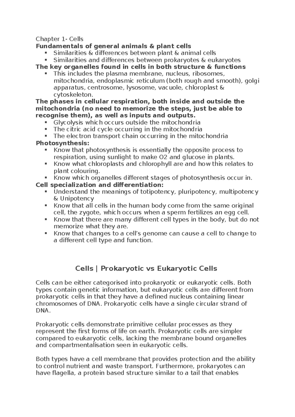 GAMSAT Notes: Chapter on Cell Fundamentals and Organelles - Studocu