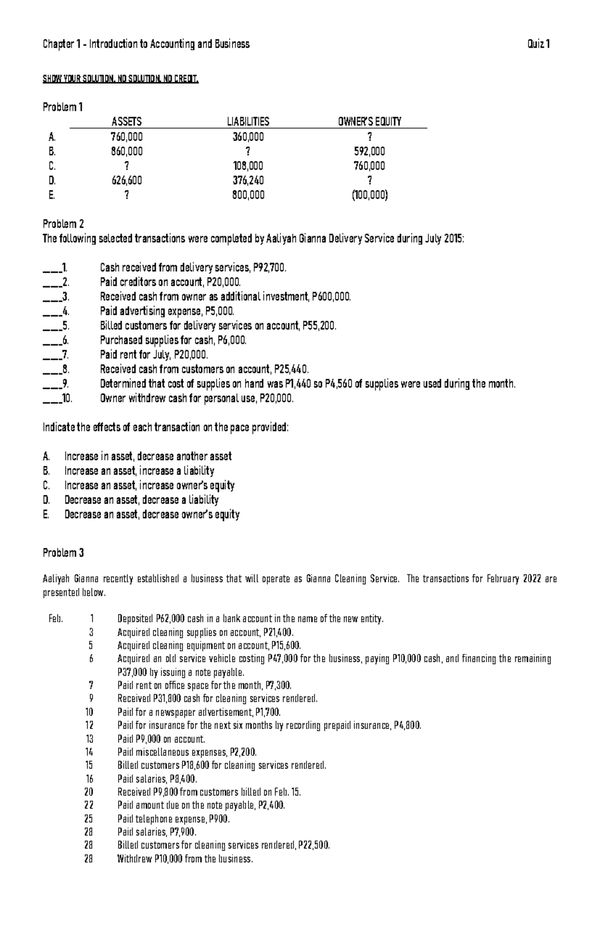 AE 27 Chapter 1 - Quiz 1: Introduction to Accounting Problems - Studocu