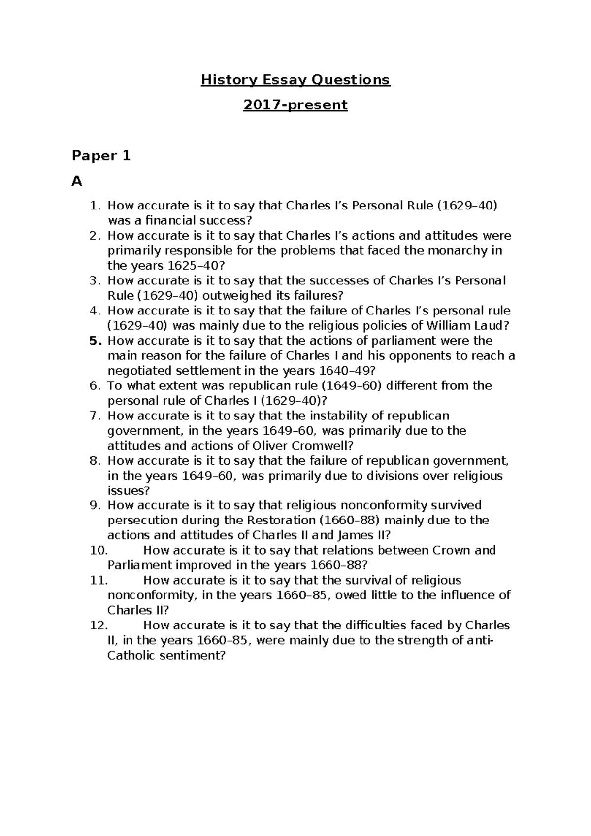 History Essay Questions Paper 1: Analyzing Charles I and Stuart Britain ...
