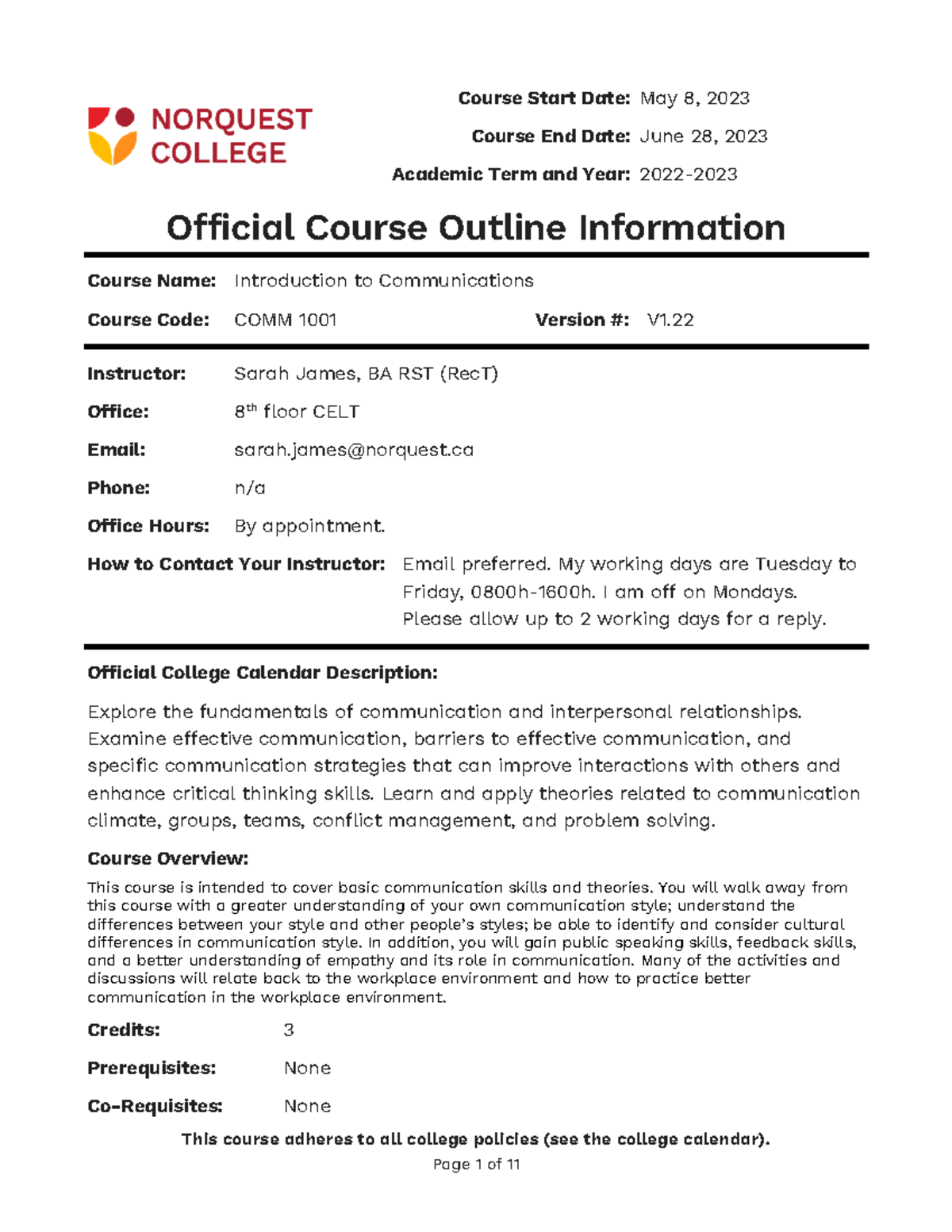 COMM 1001 course outline: Introduction to communications and ...