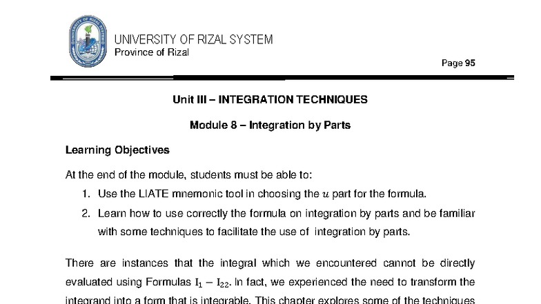 MATH 3E IC Module 8 - Integration by Parts Techniques - Studocu