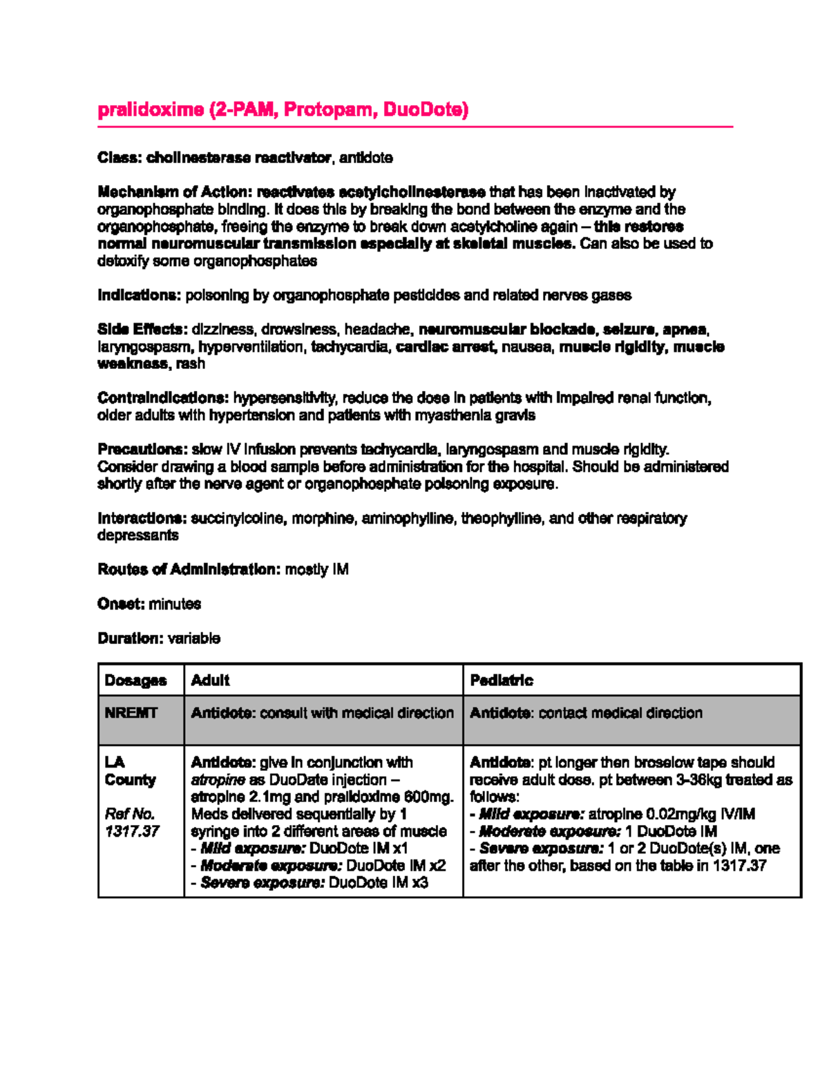 Pralidoxime (2-PAM, Protopam, DuoDote) Drug Card Overview - Studocu