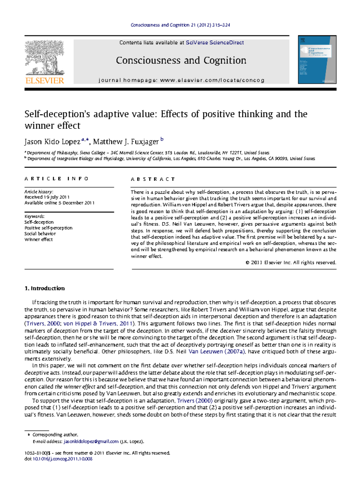 Self-Deception's Adaptive Value: Effects of Positive Thinking and the ...
