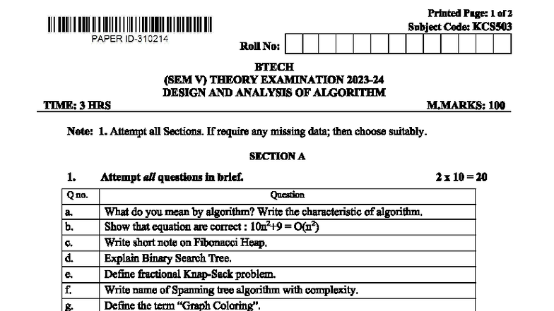 KCS503 BTECH SEM V Theory Exam: Design & Analysis of Algorithms - Studocu