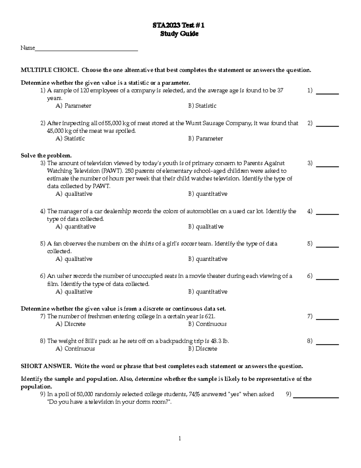 STA2023 Test #1 Comprehensive Study Guide and Key Solutions - Studocu
