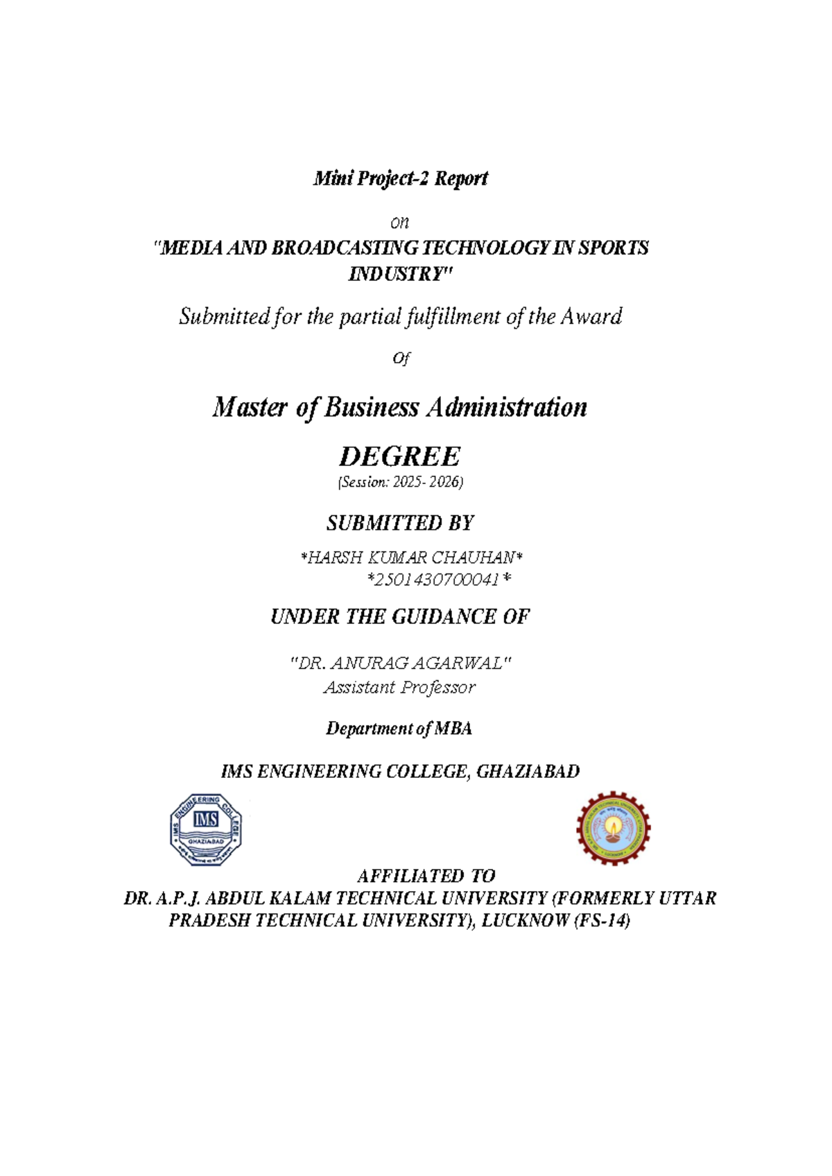 Mini Project Report on Broadcasting Technology in Sports (MBA 2026 ...