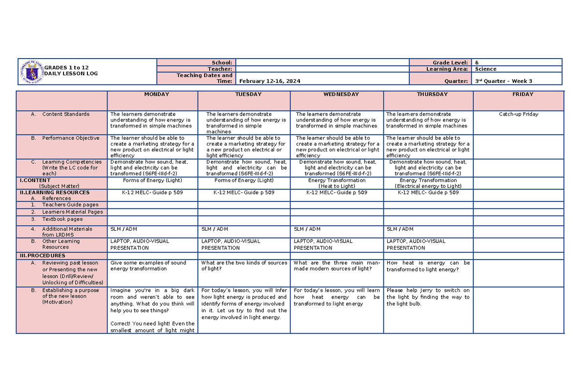 Science 6 Week 4 - use to teach - GRADES 1 to 12 DAILY LESSON LOG ...