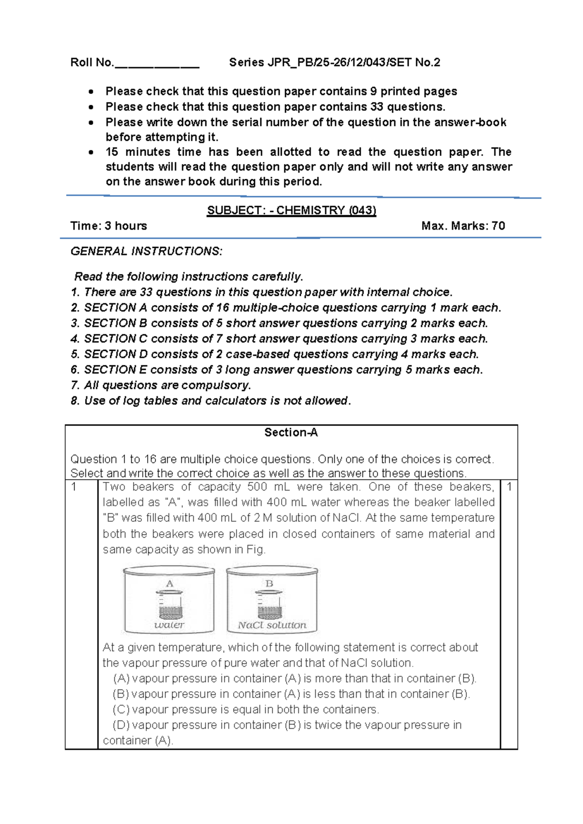 QP-XII-CHEM-043: Roll Series No.2 Question Paper with 33 Questions ...