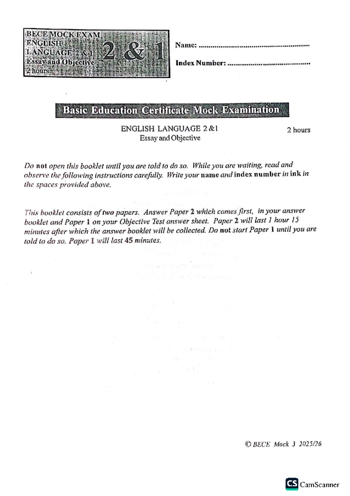 BECE Mock Examination: English Language Paper 2 (Essay & Objective ...