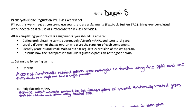 Week 6b Pre-Class Reading Guide - Prokaryotic Gene Regulation Worksheet ...