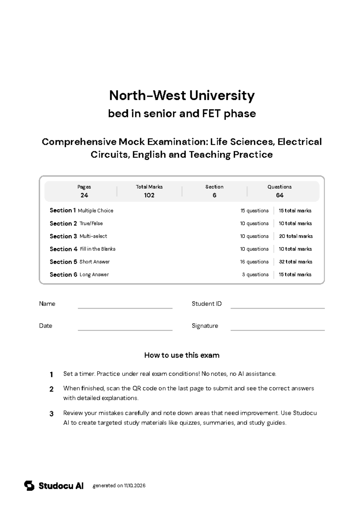 Comprehensive Mock Exam: Life Sciences & Teaching Practice - Studocu