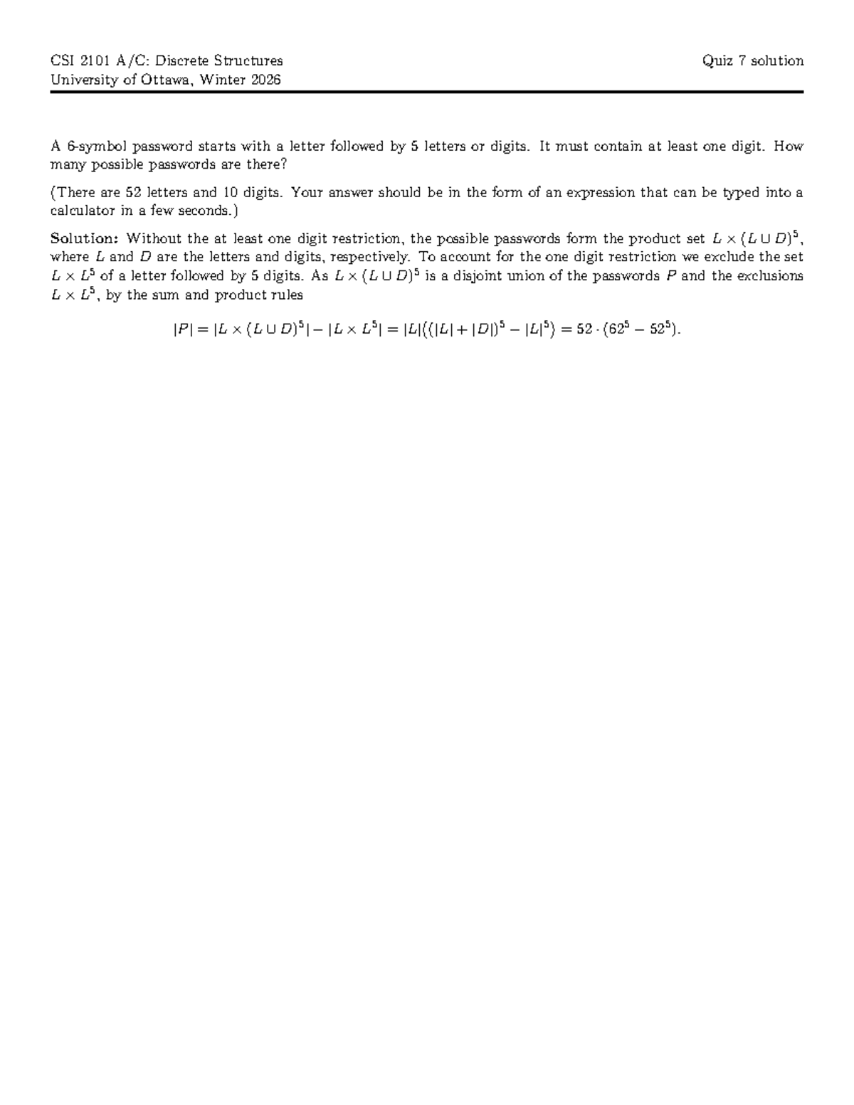 CSI 2101 Winter 2026 Quiz 7 Solutions on Password Combinations - Studocu