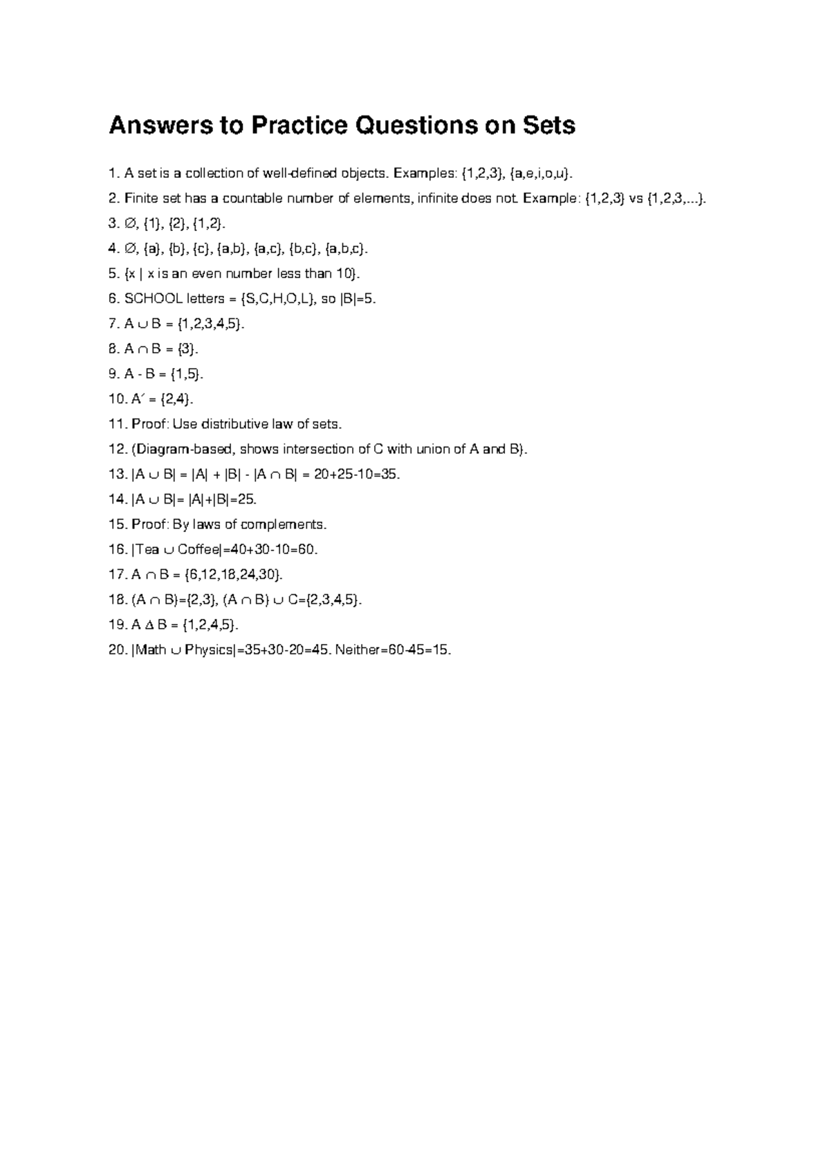 Sets Answers - Used for reference - Answers to Practice Questions on ...