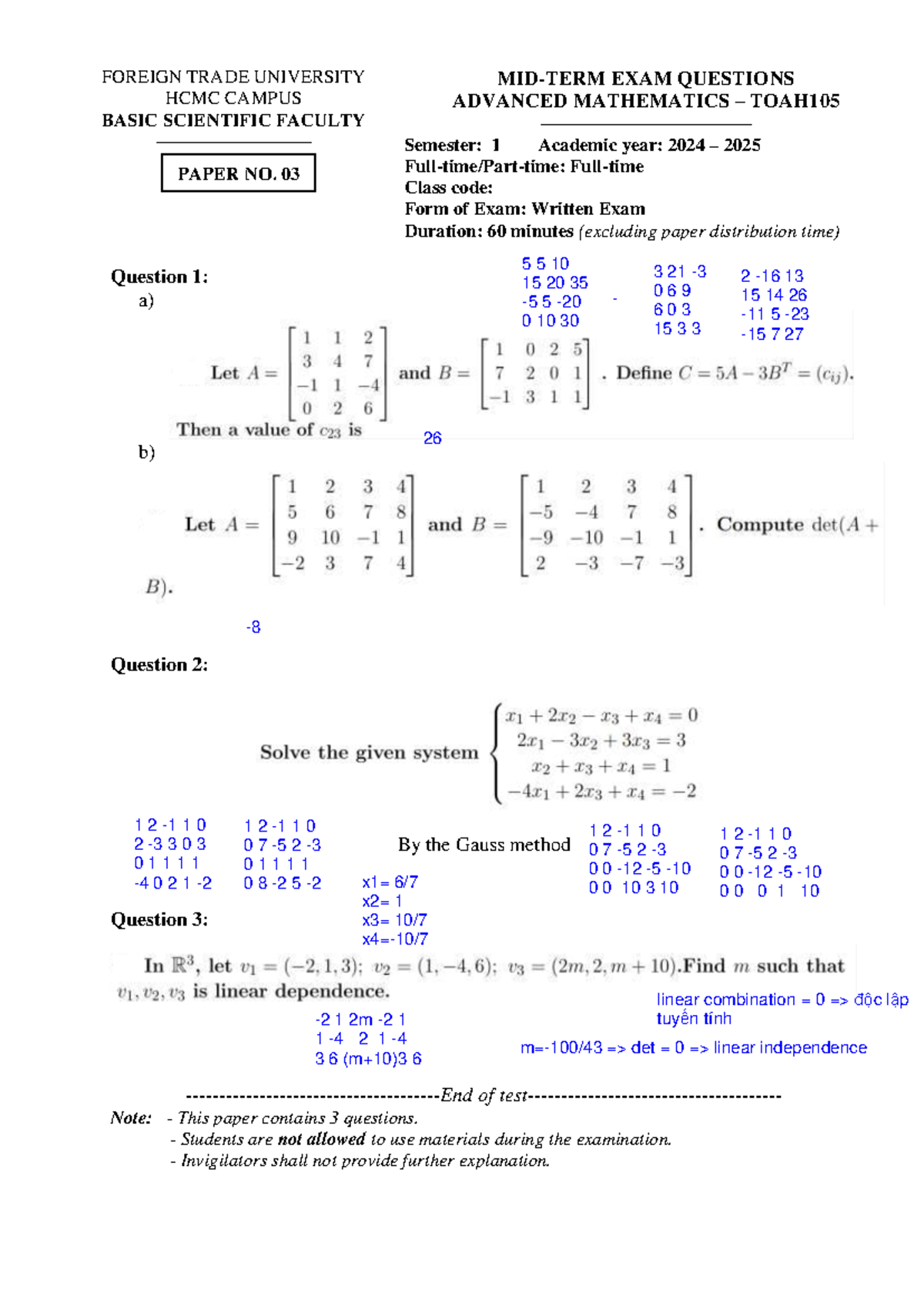 TOAH105 Advanced Mathematics Midterm Exam Questions - Paper No. 03 ...