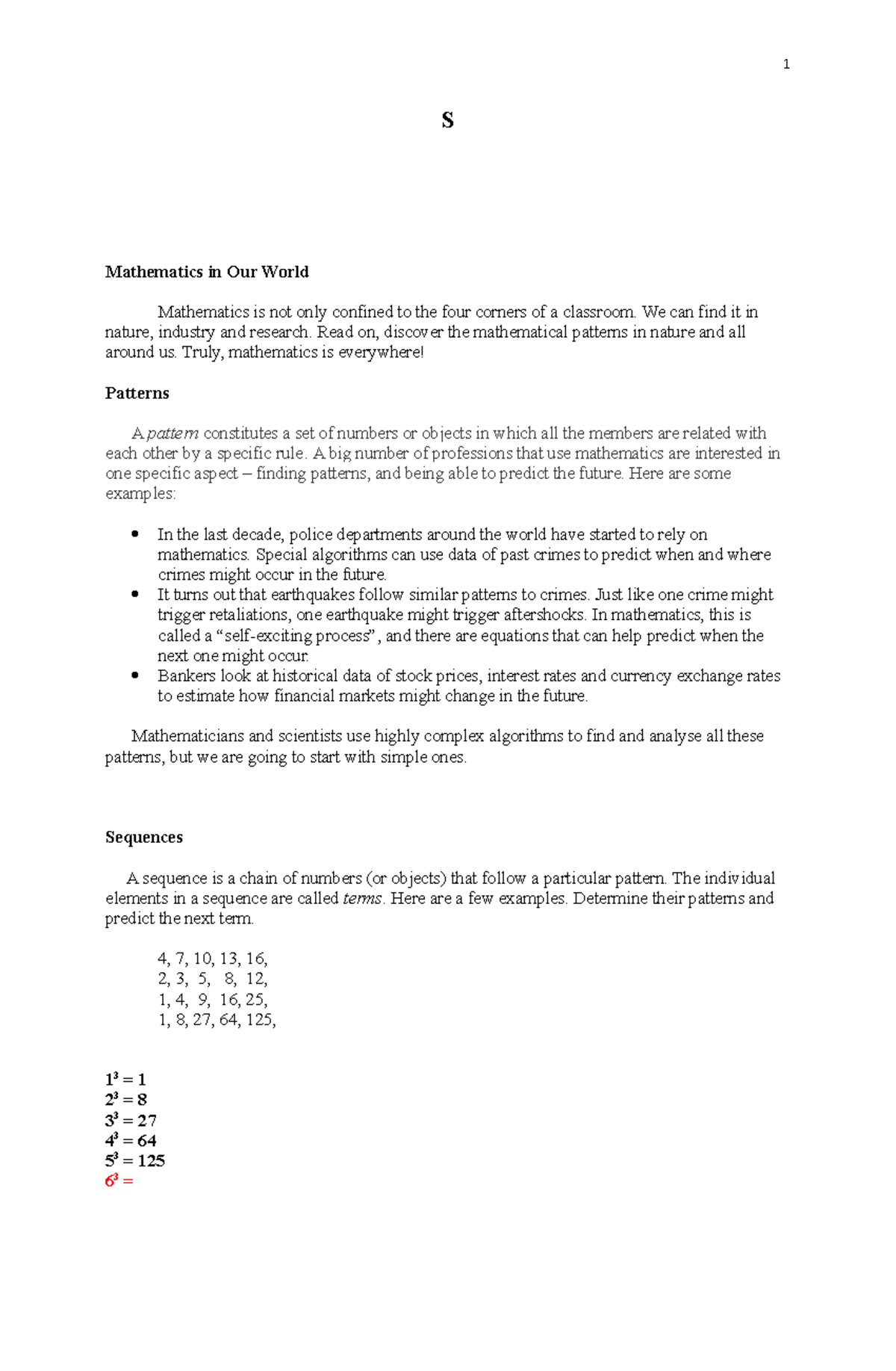 Math 1 Lecture Notes - S Mathematics in Our World Mathematics is not ...