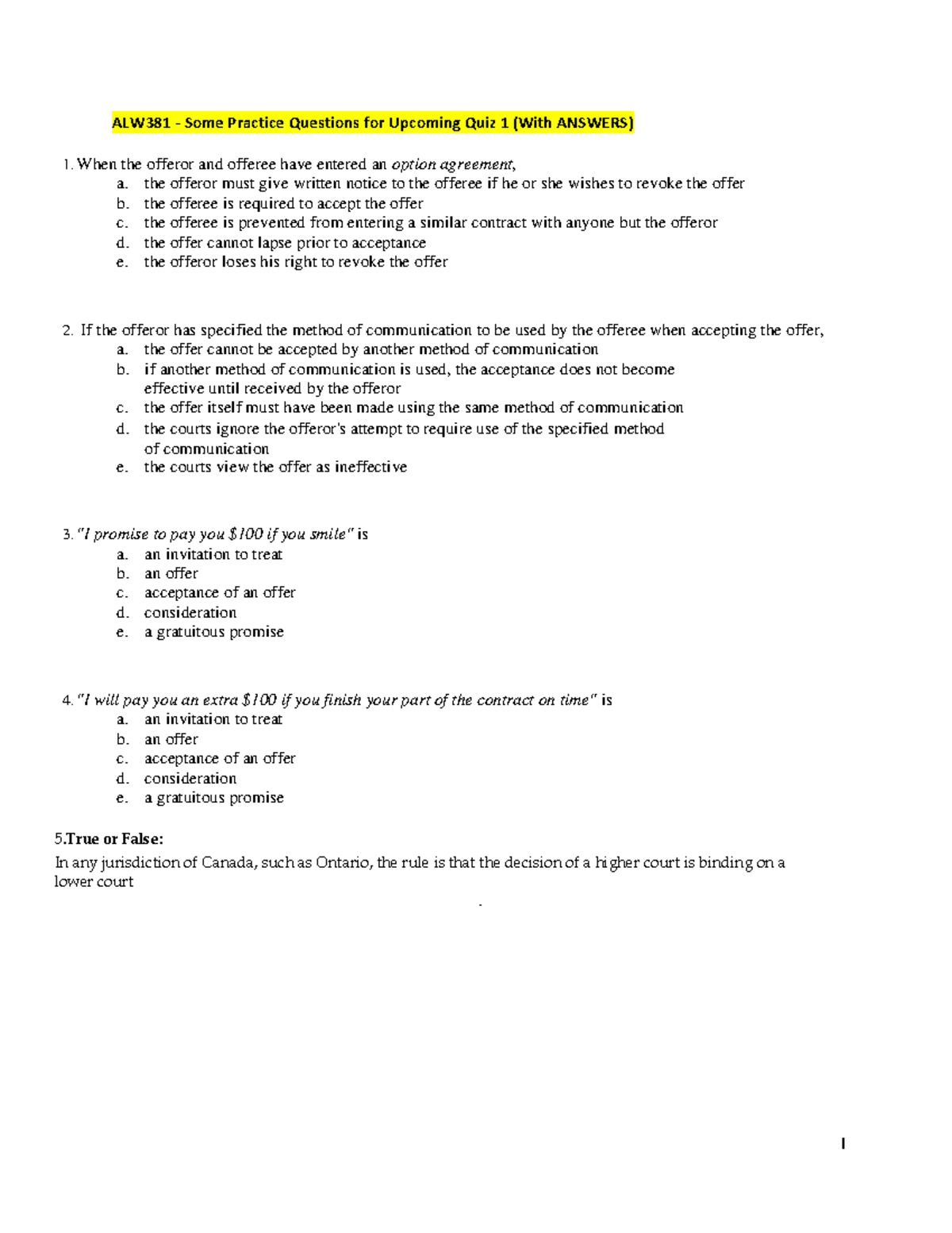 ALW380 381- Practice Questions for 1st Quiz 1 - Q&A - ALW381 - Some ...