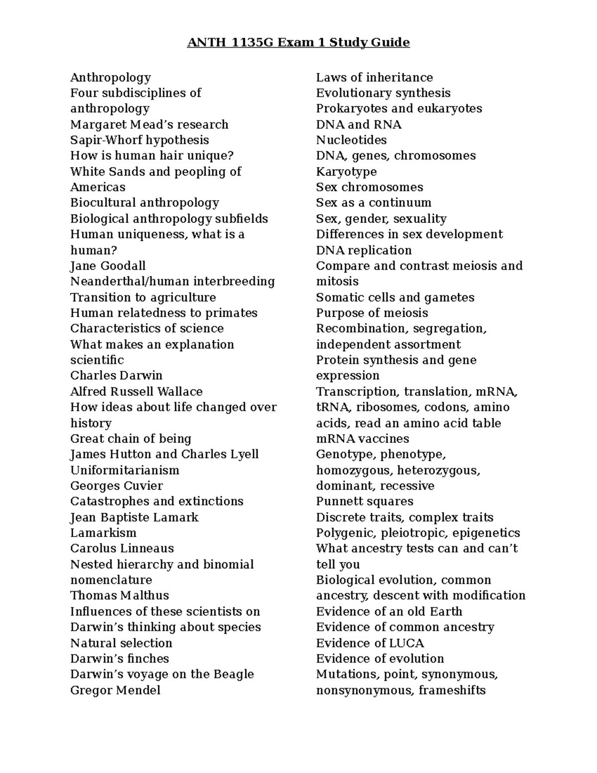 ANTH 1135G Exam 1 Study Guide: Core Concepts in Anthropology - Studocu