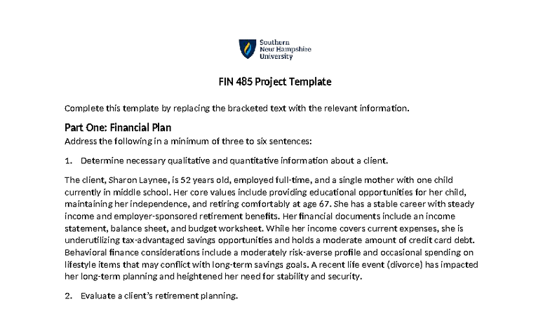 FIN 485 Financial Planning Project: Client Analysis & Strategy ...