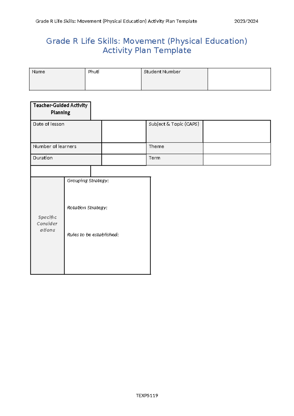 Grade R Movement Activity Plan Template (Life Skills) - Studocu