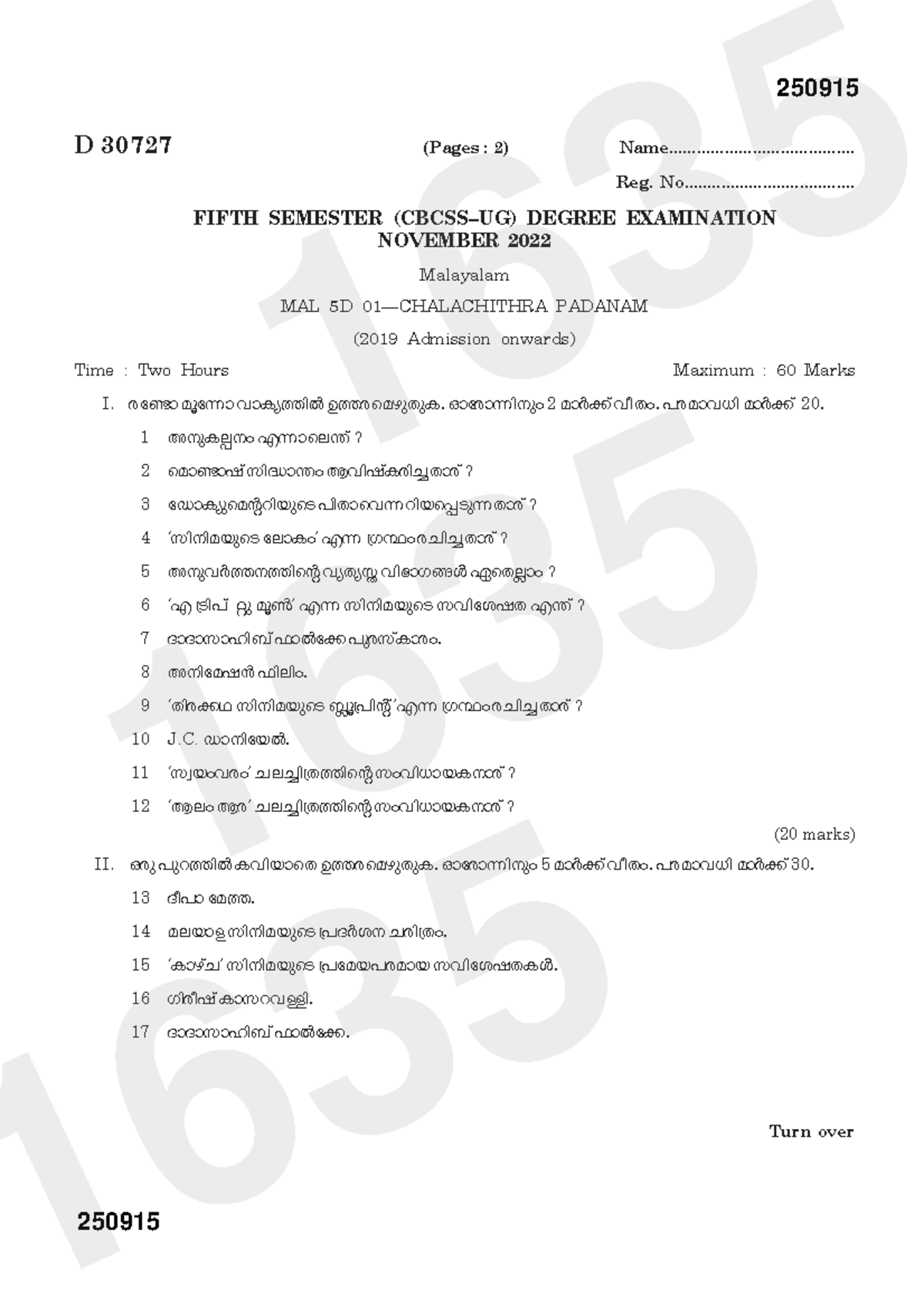 FIFTH SEMESTER (CBCSS–UG) DEGREE EXAMINATION malayalam - Turn over D ...