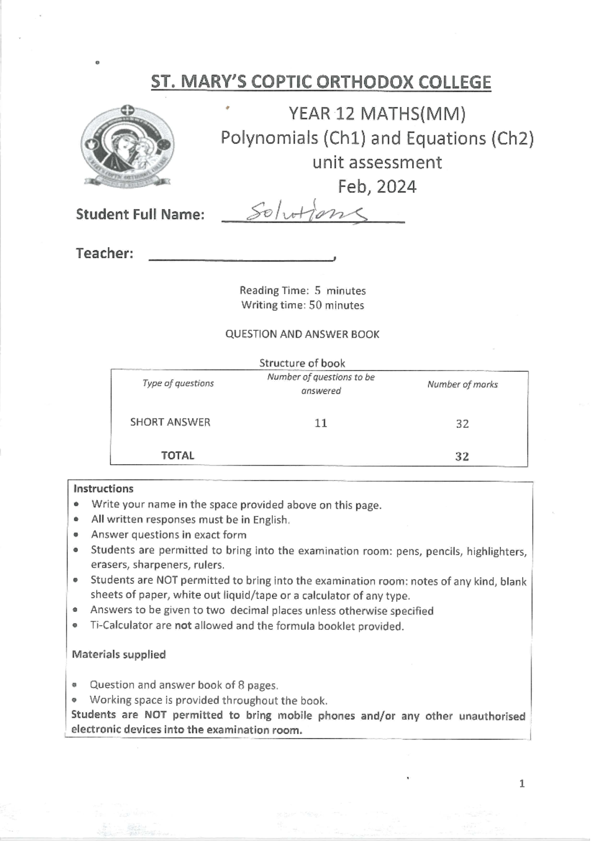 Methods 3/4 prac sac - ST. COPTIC ORTHODOX COLLEGE YEAR 12 MATHS(MM ...