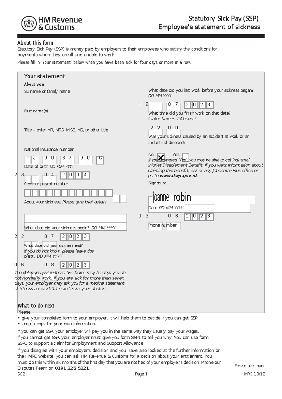 Sc2 form - Hnd legal - robin joanne miss family deatg Verified by ...